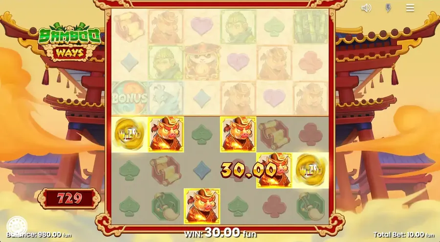 Bamboo Ways free spins round showing multiple bonus symbols triggering the feature