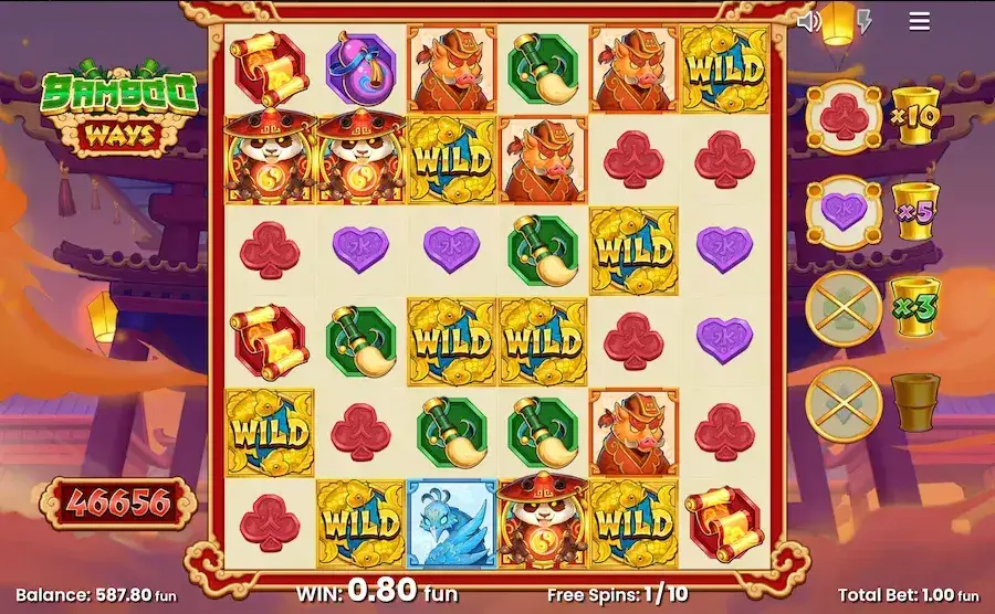 Bamboo Ways base game with symbol collection meters showing multiplier progress